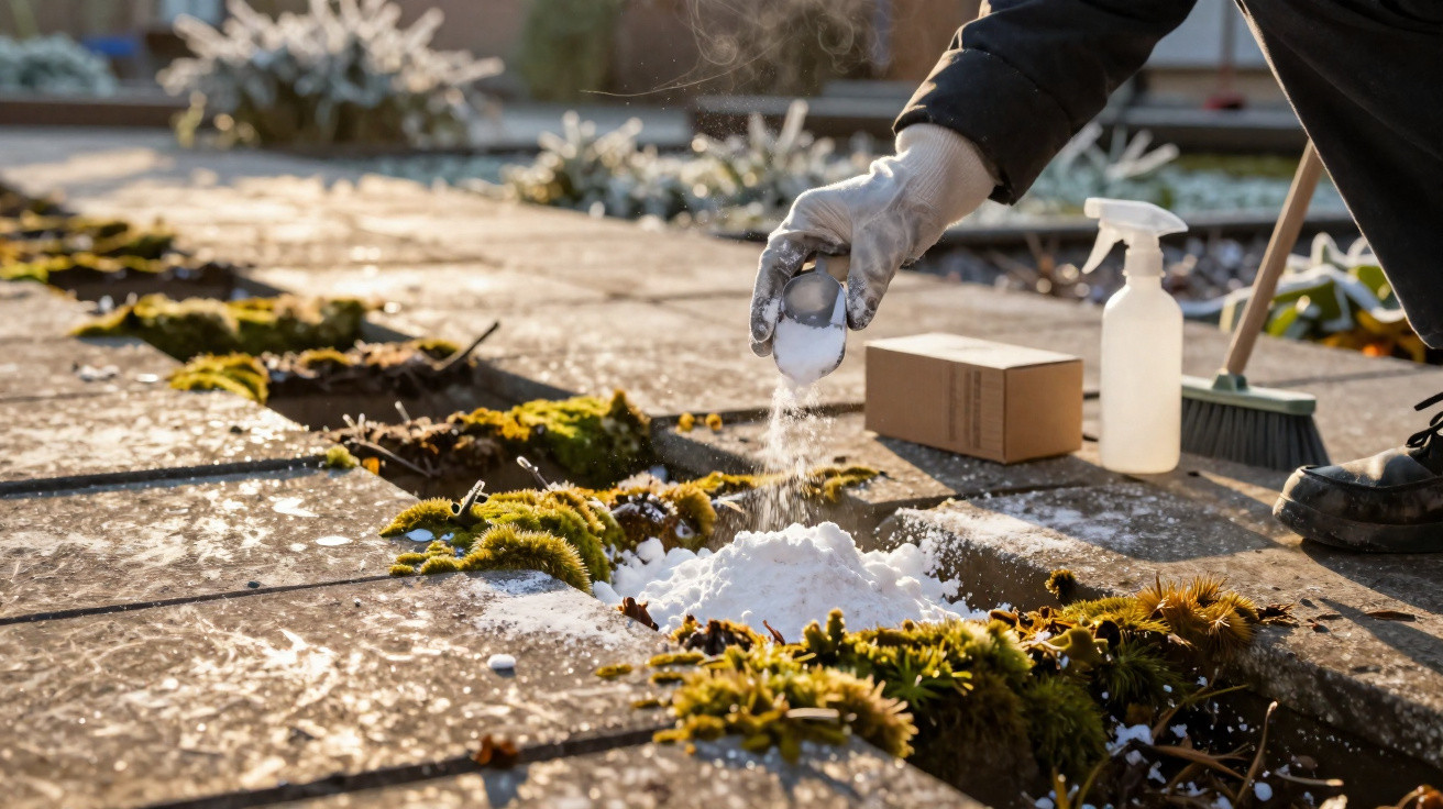 Person sprinkling white powder onto moss growing between patio slabs on a sunny day.