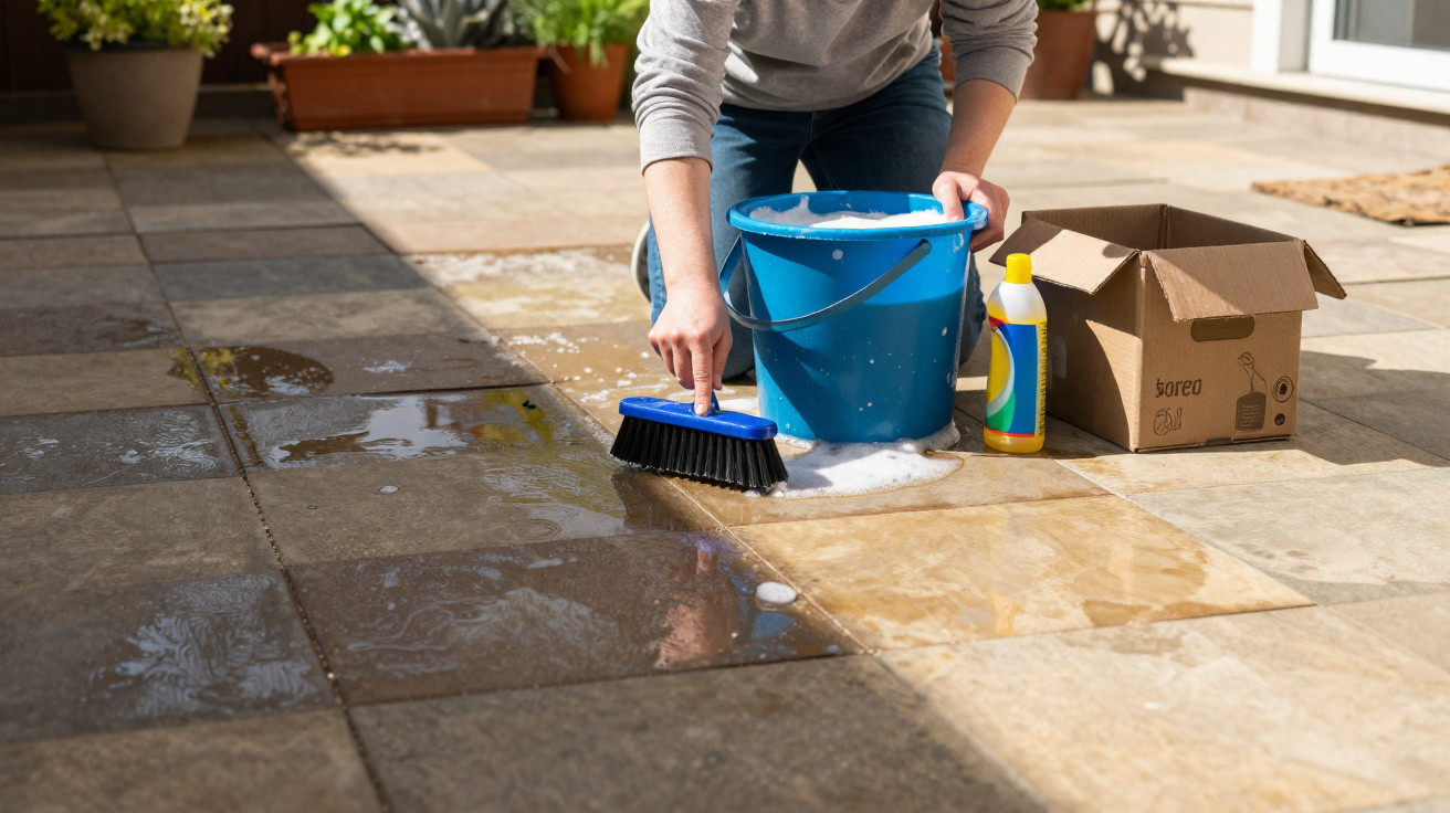 Person scrubbing outdoor tiled patio with brush, bucket of soapy water, and cleaning product nearby on sunny day.