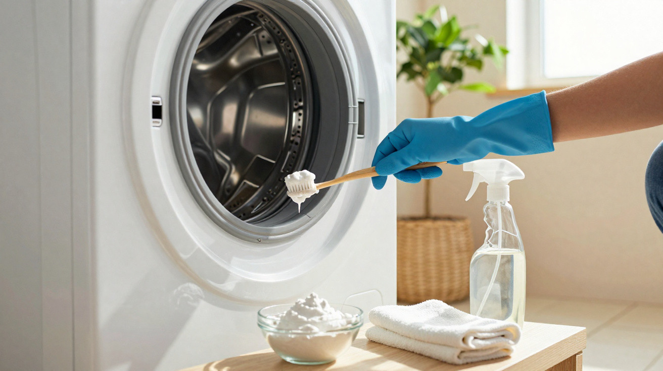 Person wearing blue gloves cleaning washing machine drum with toothbrush, foam, spray bottle, and cloth nearby.