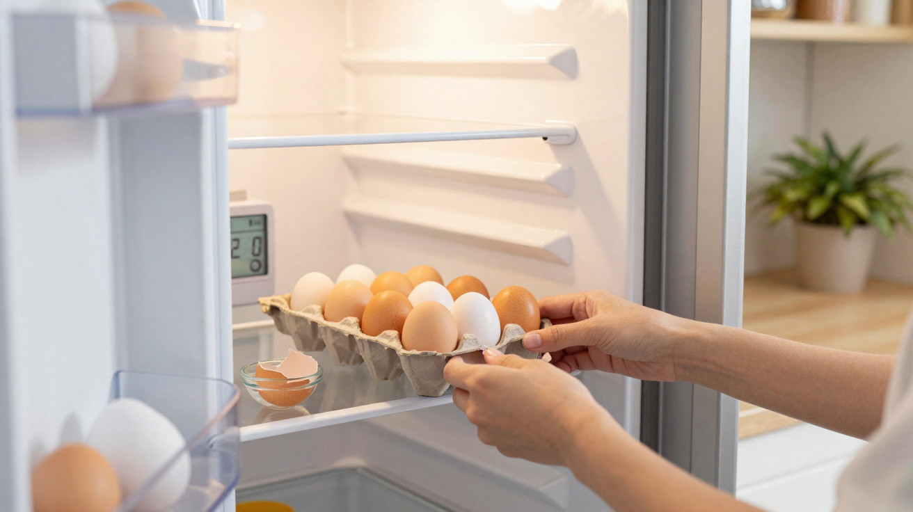 Hands placing a carton of brown and white eggs inside a fridge with eggshells in a small bowl nearby.