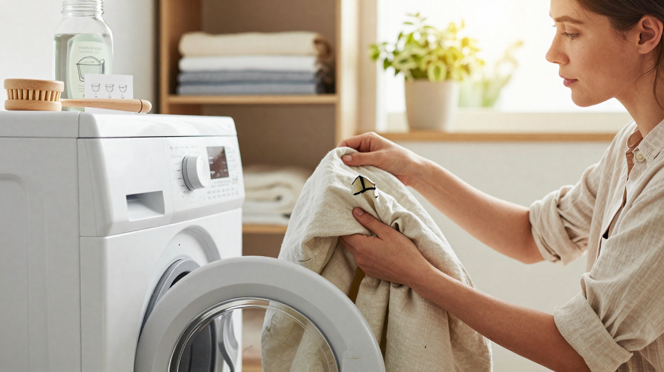 Woman loading laundry into a front-loading washing machine in a bright, tidy laundry room.