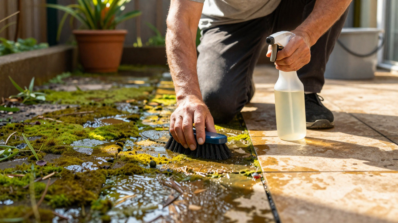 Person scrubbing moss and algae off outdoor tiles using a brush and spray bottle in daylight.