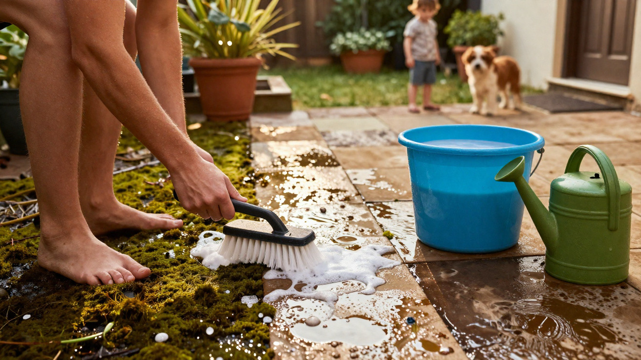 Person scrubbing moss off patio tiles with soapy water, blue bucket and green watering can nearby, dog and child in backgroun