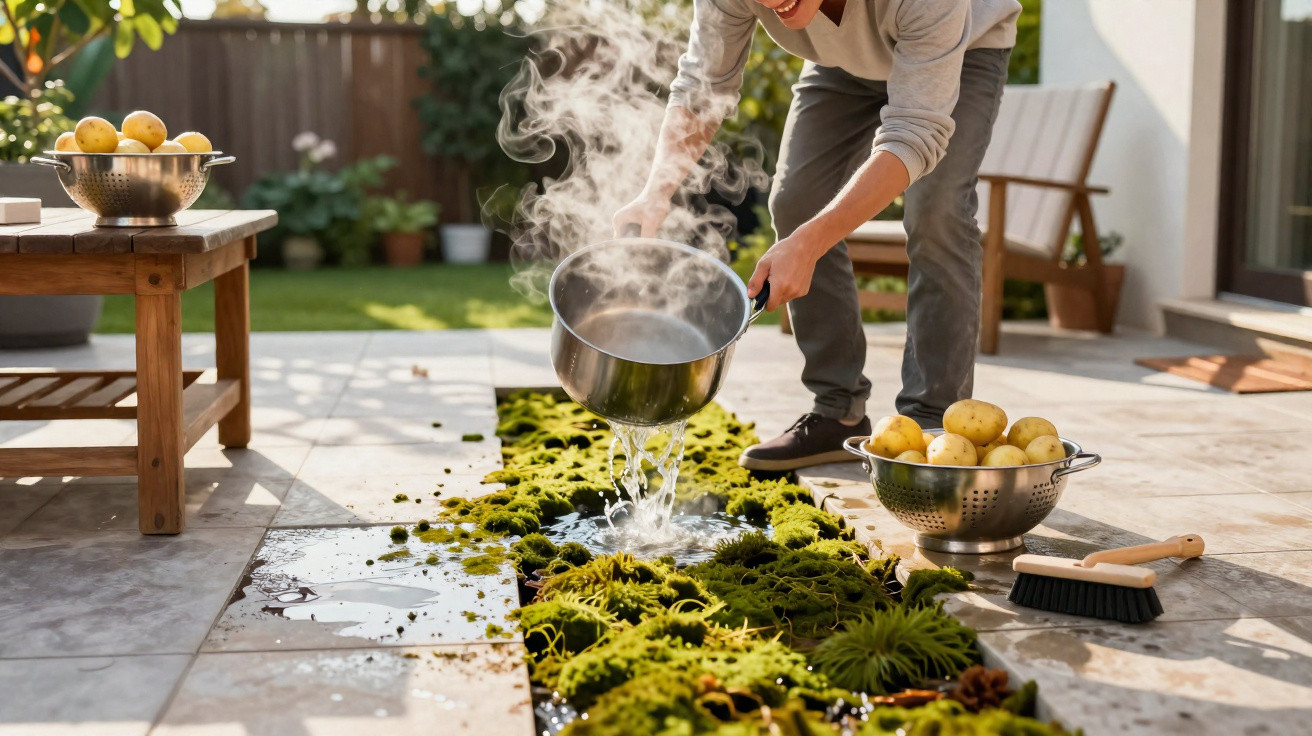 Person pouring steaming water from a pot onto a green moss garden strip on a paved patio.