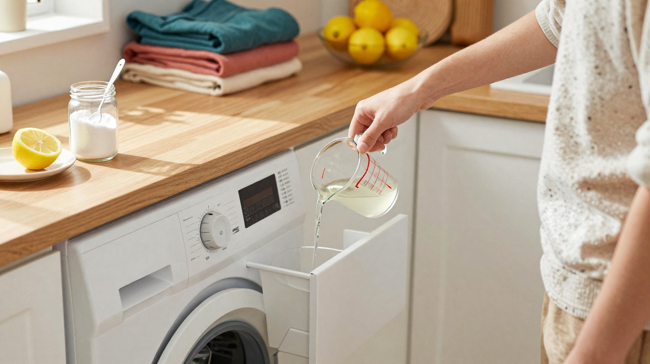Person pouring liquid detergent into a washing machine in a bright kitchen with wooden countertops.