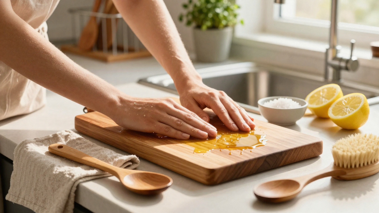 Hands rubbing oil on a wooden cutting board with lemons, salt, and kitchen utensils nearby on the counter.