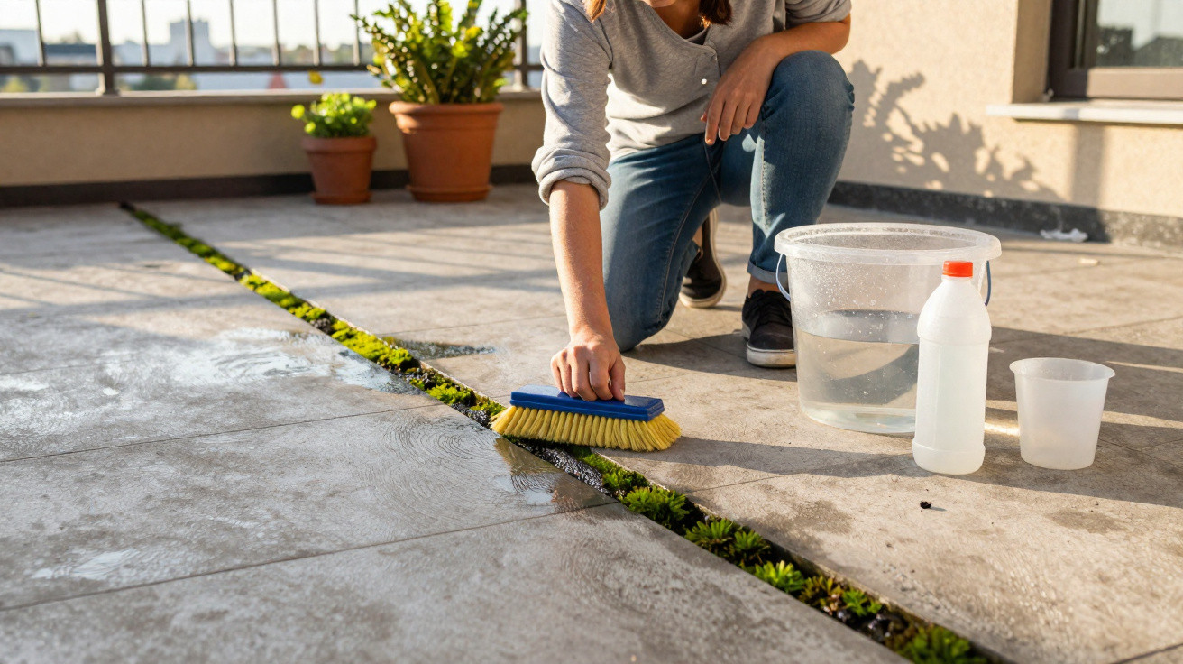 Person scrubbing weeds from between patio tiles with a brush, bucket of water, and cleaning bottle nearby.