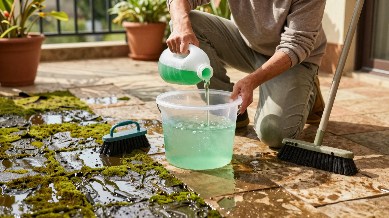 Person pouring green cleaning liquid into a bucket for scrubbing moss-covered patio tiles outdoors.