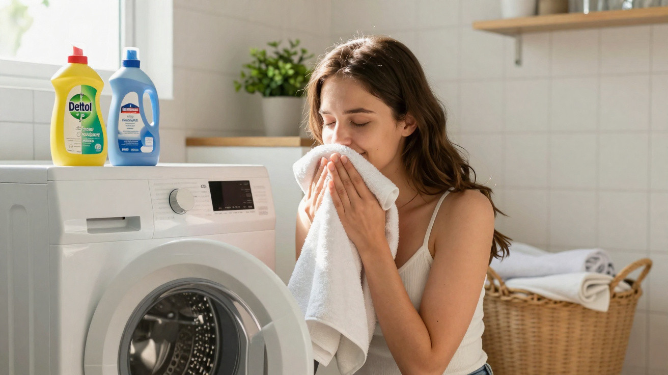 Woman smelling a clean white towel beside a washing machine with detergent bottles on top in a laundry room.