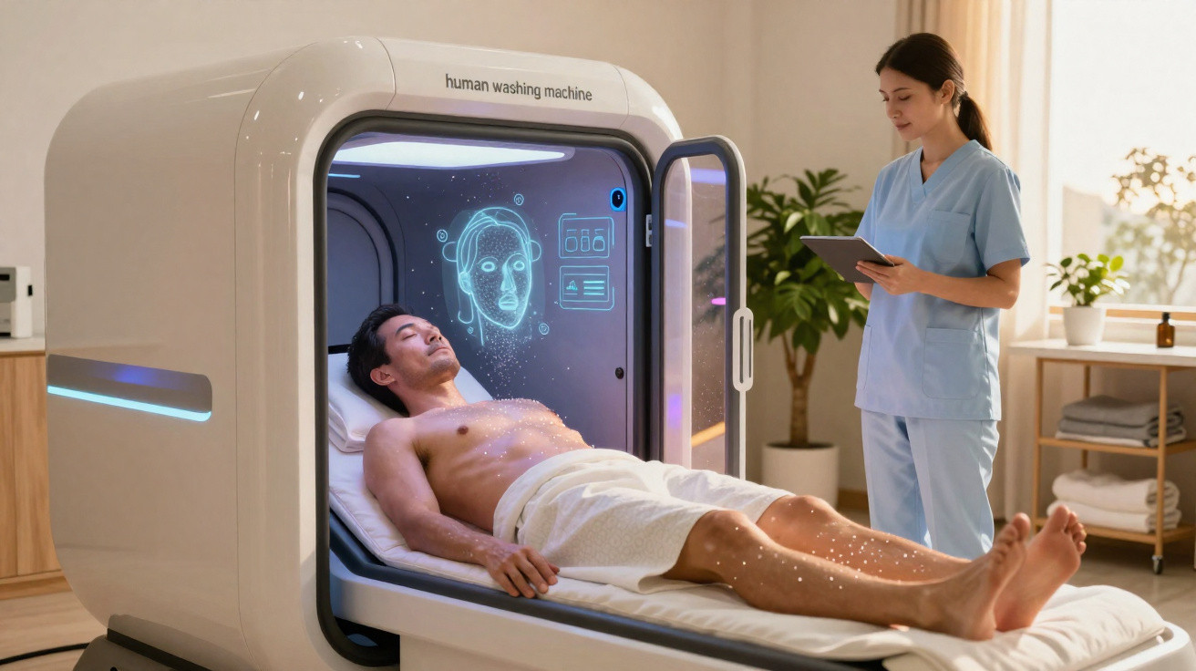 Man lying in futuristic human washing machine pod while nurse monitors data on digital tablet