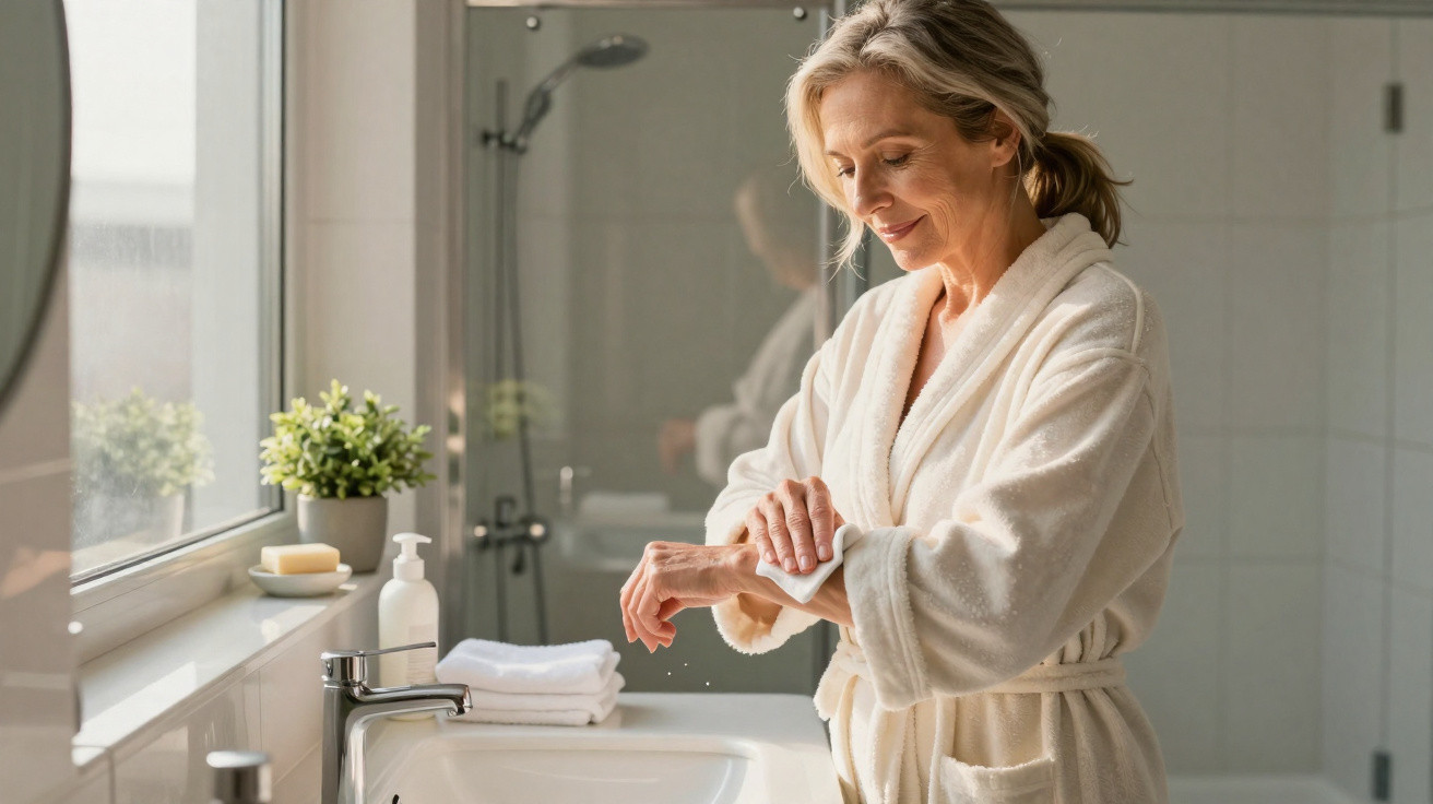 Woman in a bathrobe applying lotion to her arm in a bright bathroom with a sink and a window.