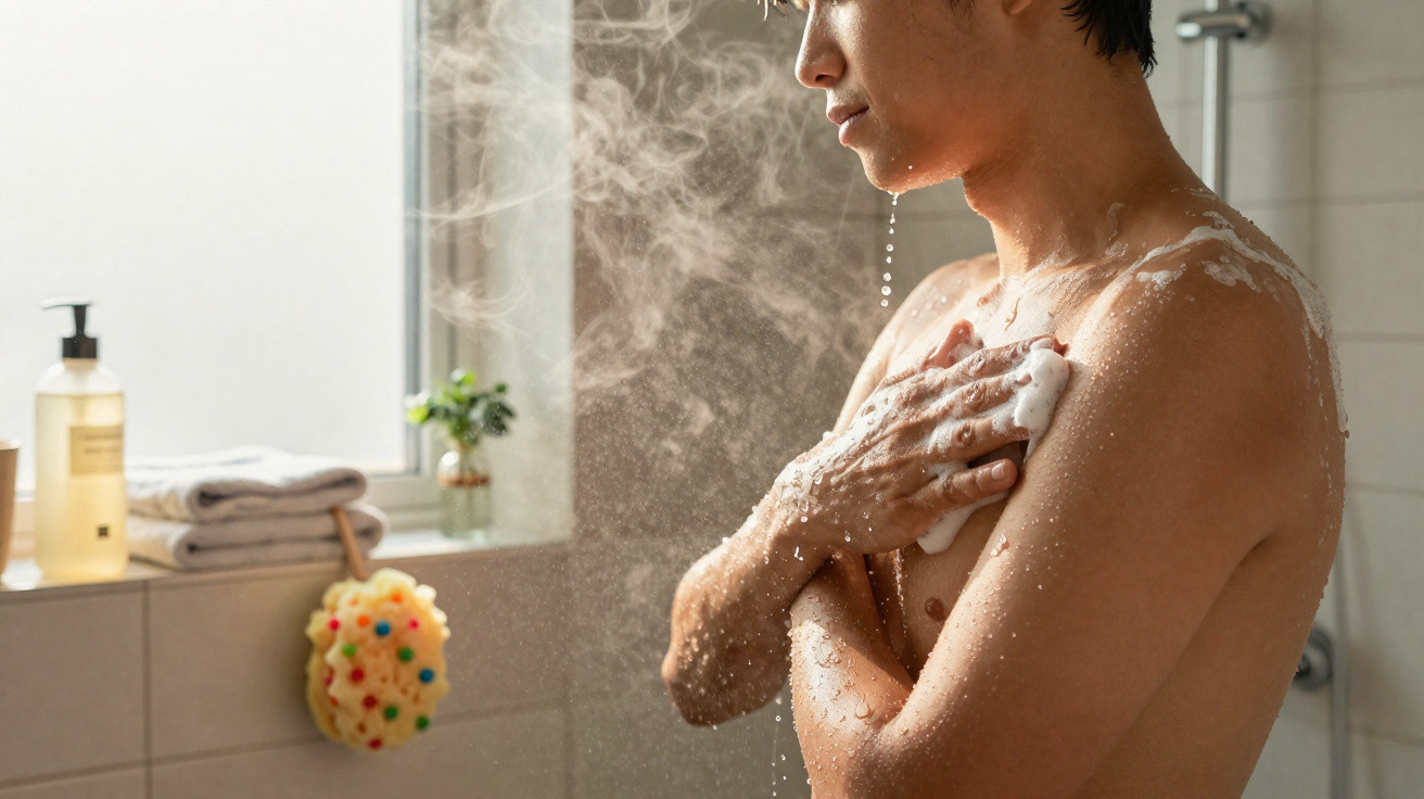Man washing upper body with soap in a steamy bathroom with folded towels and toiletries nearby