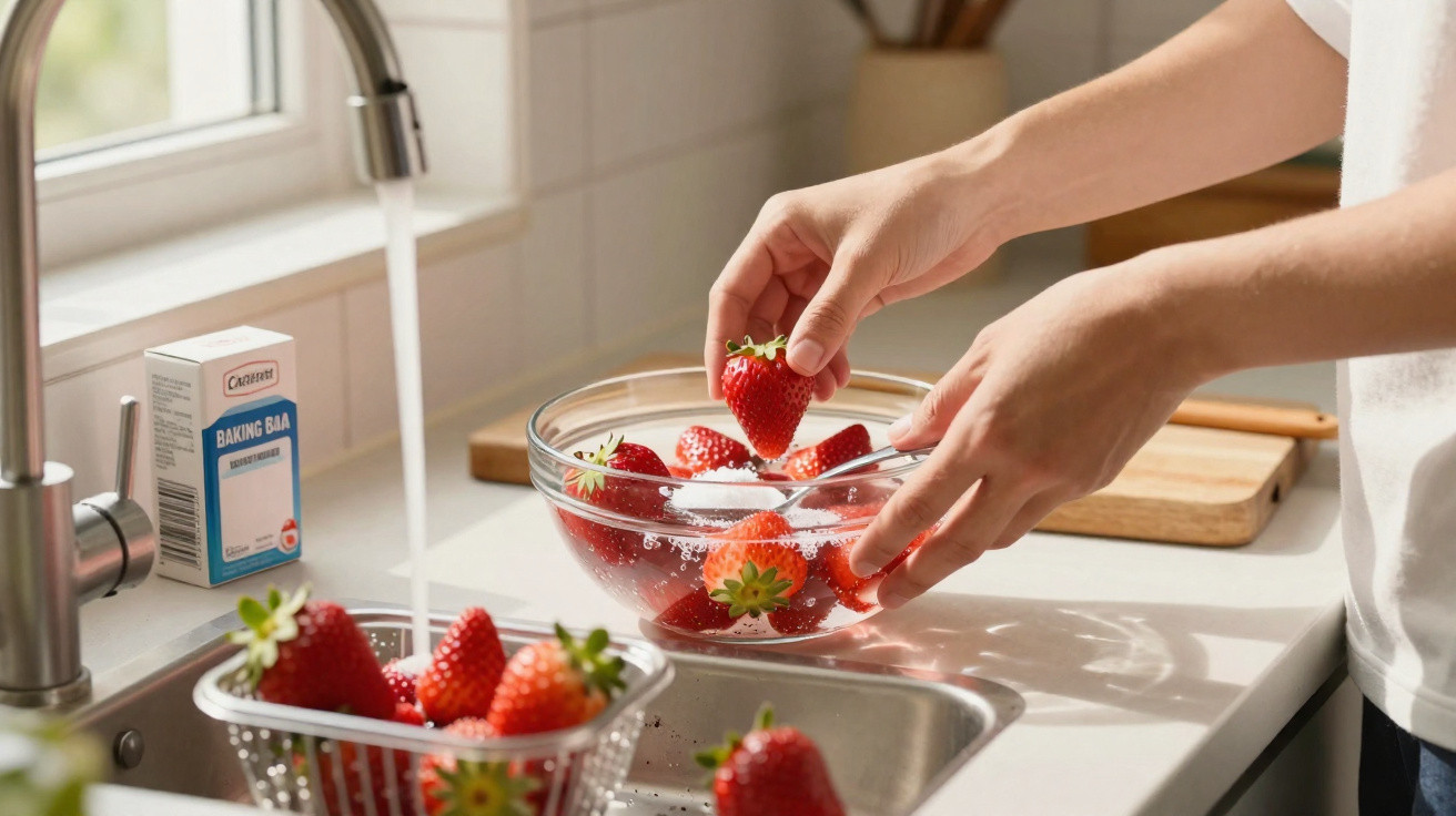 Person washing fresh strawberries in a glass bowl under running water in a kitchen sink.