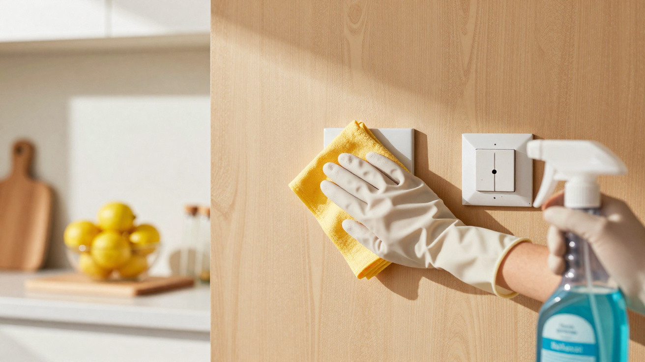 Person wearing rubber gloves cleaning a light switch on a wooden wall with a yellow cloth and blue spray bottle.