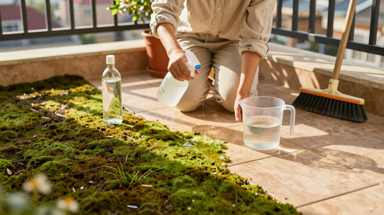 Person spraying water on moss growing on tiled balcony floor with broom and water containers nearby