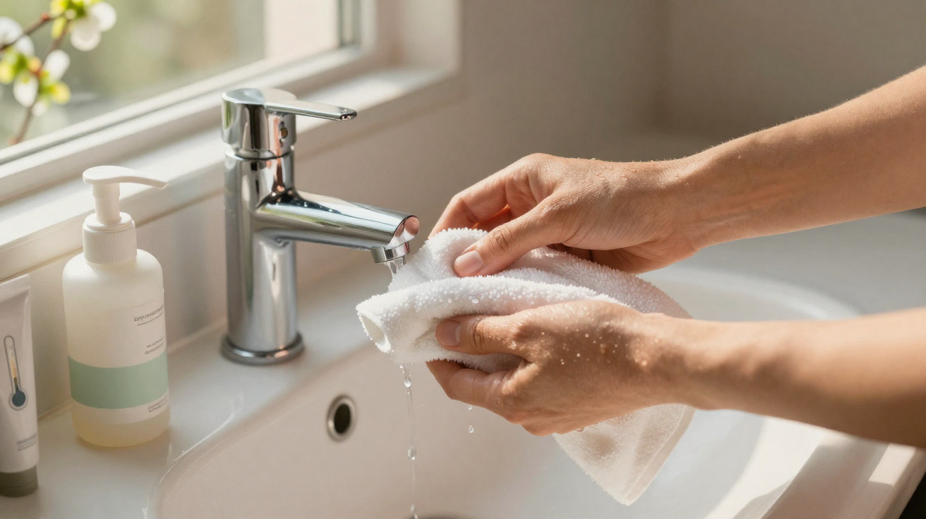 Hands holding a wet white cloth under a running chrome faucet in a bathroom sink by a sunny window.