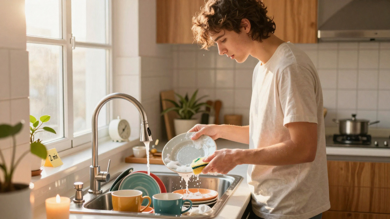 Young man washing dishes at kitchen sink with natural light from window and plants nearby