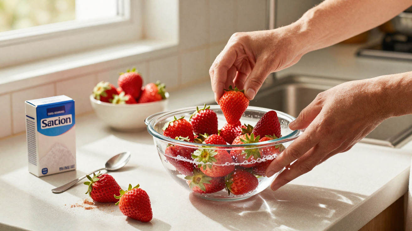 Hands washing fresh strawberries in a clear bowl filled with water on a kitchen countertop.