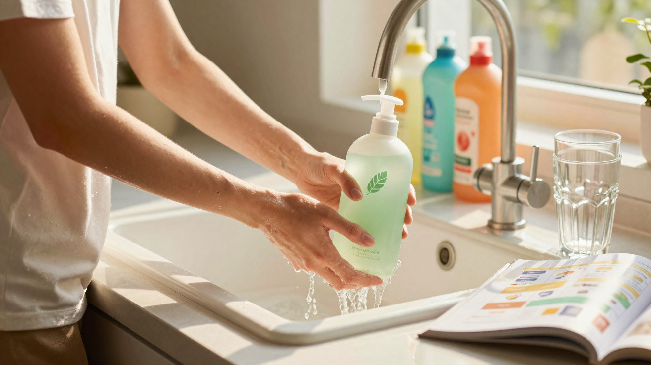 Person washing a green soap dispenser over a kitchen sink with bottles and a glass nearby.