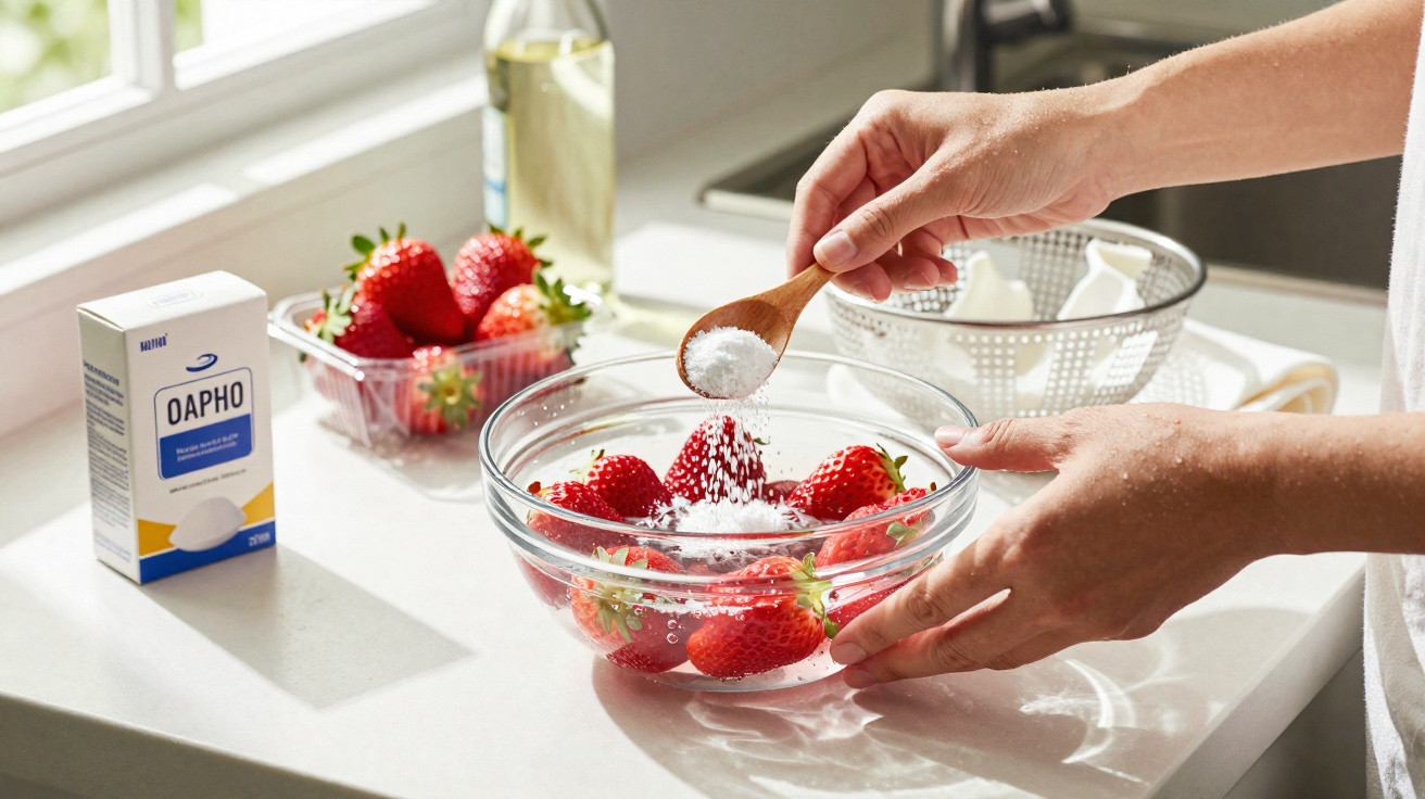 Hands sprinkling salt from a wooden spoon onto strawberries in a glass bowl on a kitchen counter.