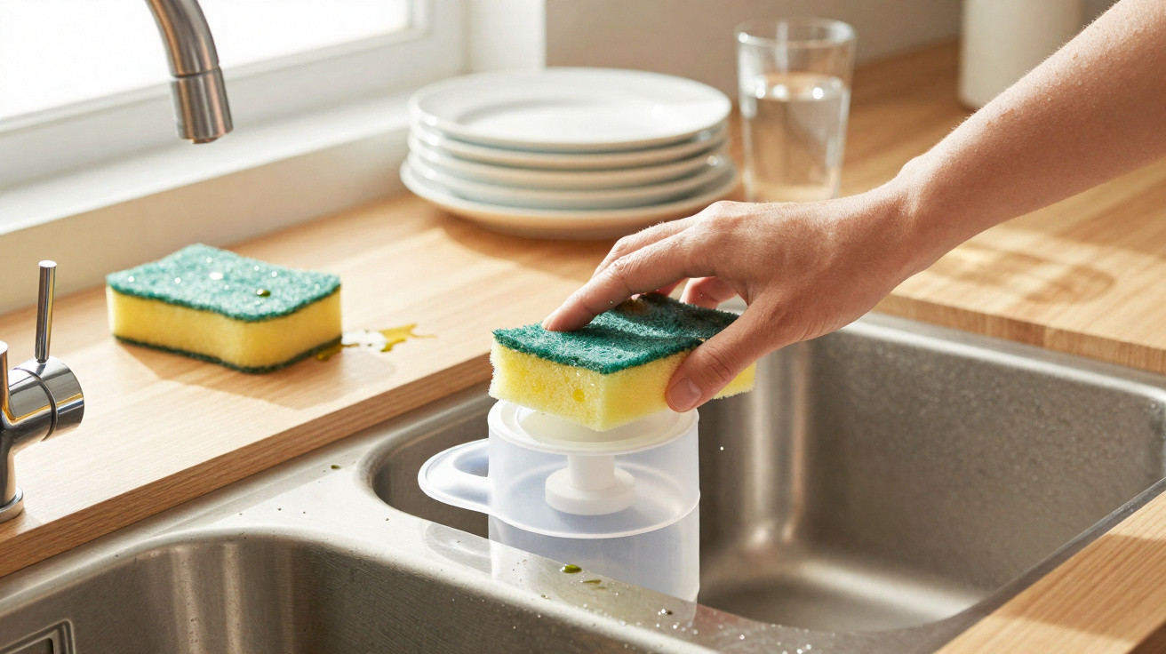 Hand pressing a yellow and green sponge on a soap dispenser by a kitchen sink with stacked plates nearby.