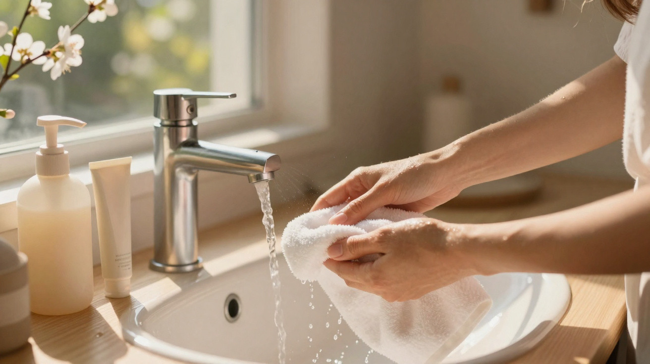 Person rinsing a white cloth under running tap water in a sunlit bathroom sink.