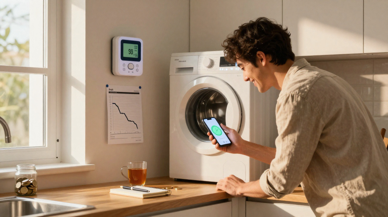 Man using smartphone app to control white washing machine in modern kitchen with energy monitor on wall
