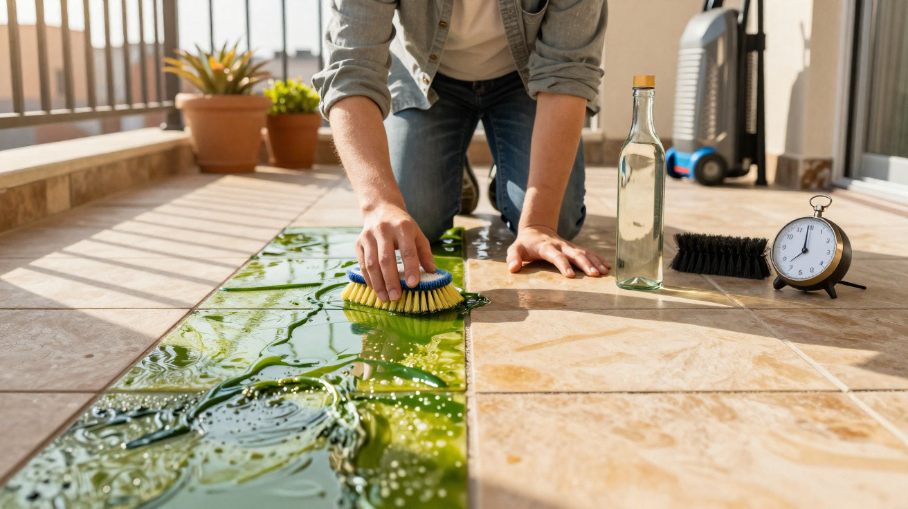 Person scrubbing green algae off outdoor tiled floor with a brush on a sunny day.