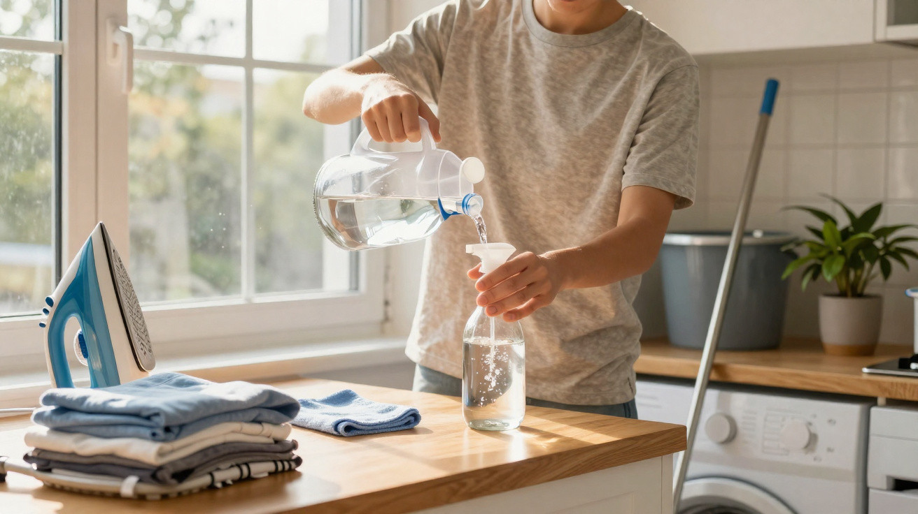 Person pouring water from a jug into a glass bottle in a bright kitchen with folded clothes and an iron nearby.