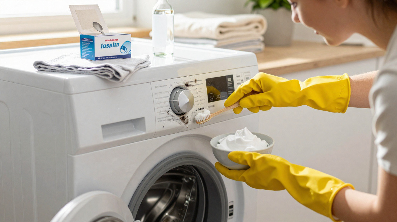 Person wearing yellow gloves cleaning rust stain on washing machine with brush and white cleaning foam.