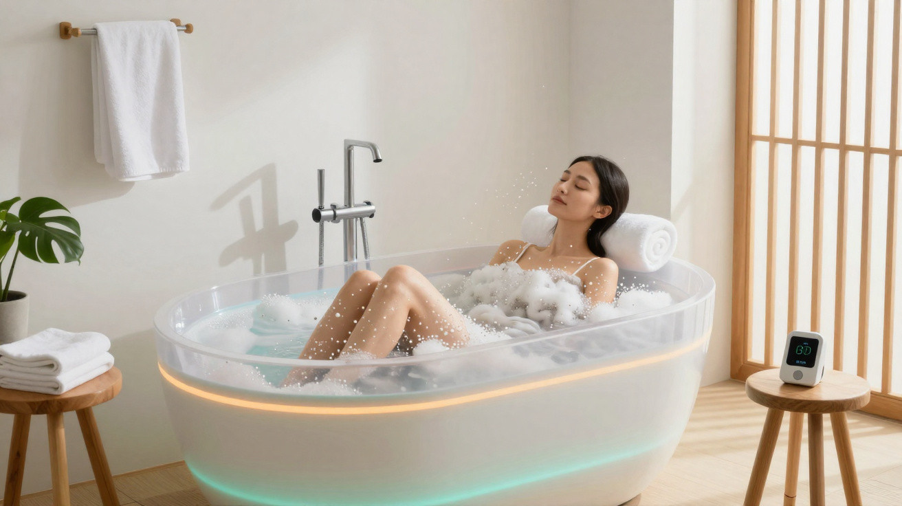 Woman relaxing in a modern bubble bath in a bright, minimalistic bathroom with wooden stools and plants.