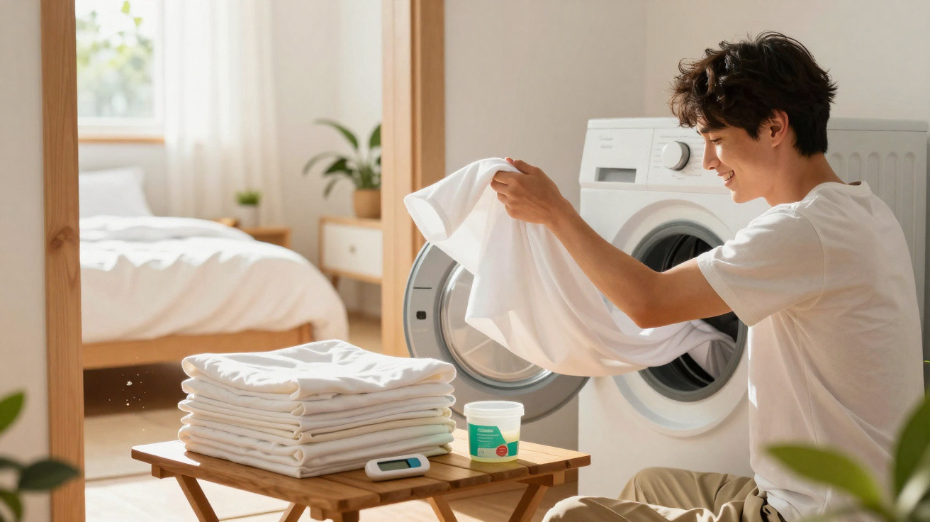 Young man smiling while taking clean white laundry out of a washing machine in a bright bedroom.