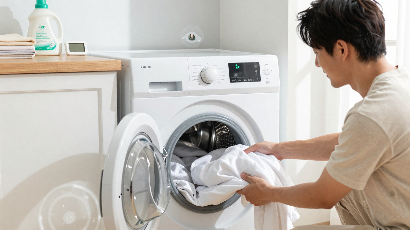 Man loading white laundry into a front-loading washing machine in a bright, tidy laundry room.
