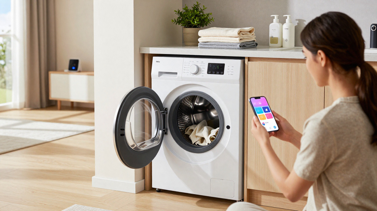 Woman using smartphone app to control front-loading washing machine in modern home laundry room.