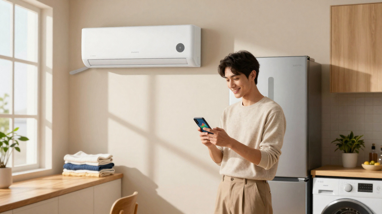 Young man using smartphone near air conditioner in a bright, modern kitchen with natural light.