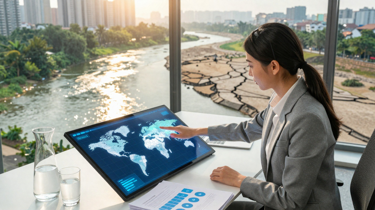 Businesswoman in office analysing global map on touchscreen with river and city skyline in background.
