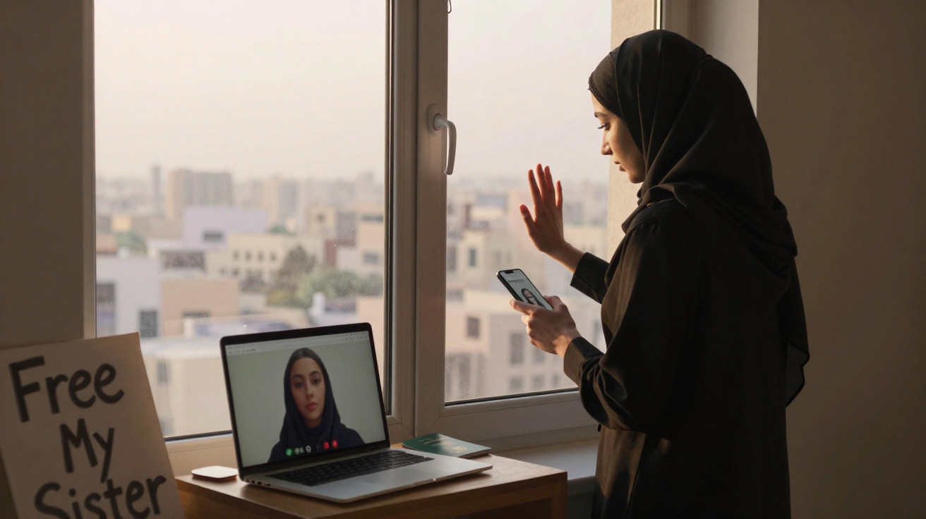 Woman in hijab waving during a video call with herself on a laptop beside a sign reading "Free My Sister".