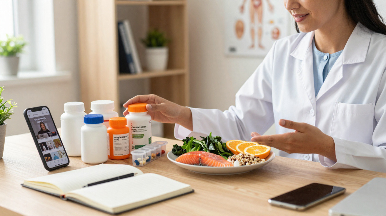 Nutritionist in white coat showing healthy food and supplements while consulting online via smartphone.