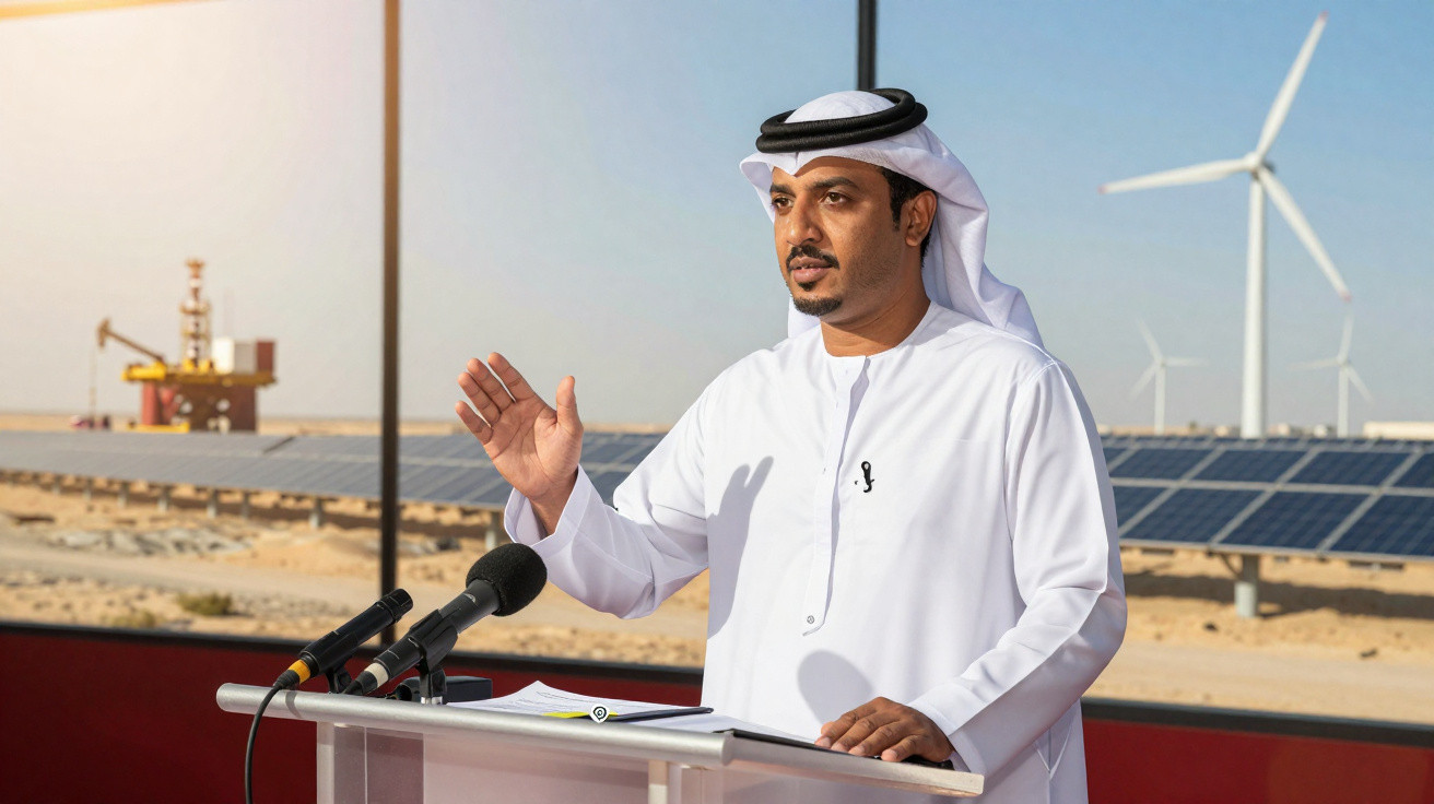 Man in traditional Middle Eastern attire speaking at a podium with solar panels and wind turbines in the background.