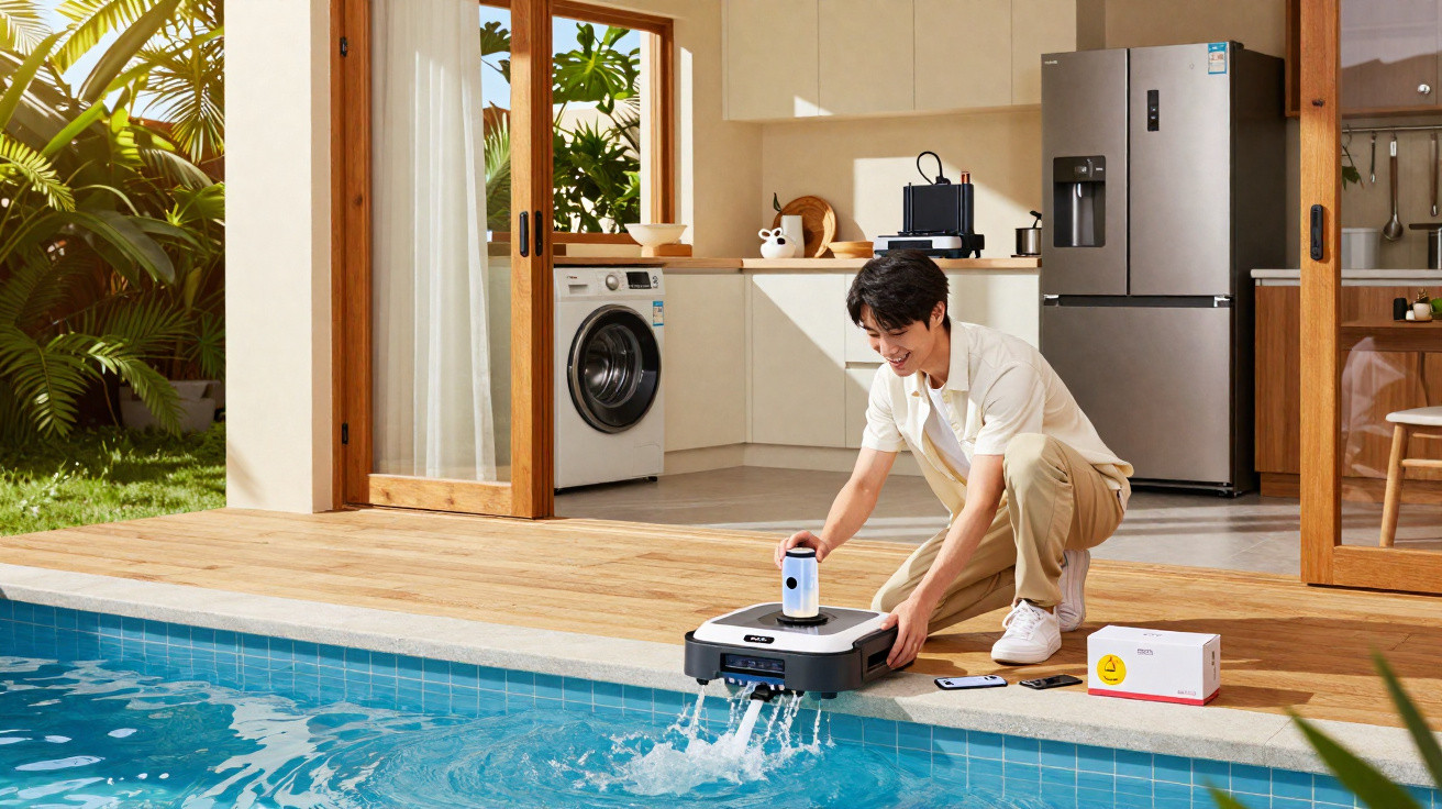 Person kneeling by a pool using a robotic pool cleaner with a modern kitchen and garden in the background.