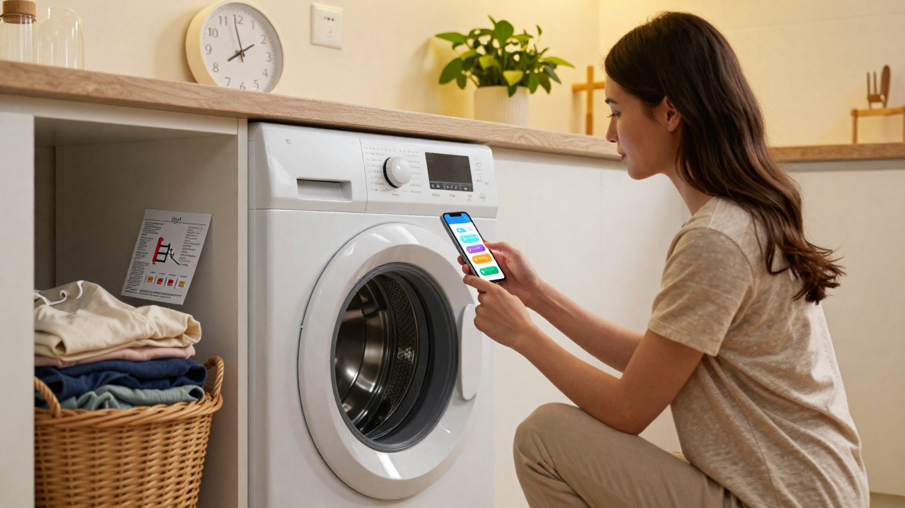 Woman using smartphone app to control washing machine in modern bright laundry room.