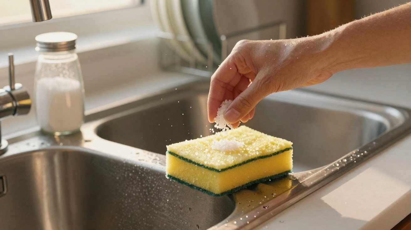 Hand sprinkling salt onto a yellow and green kitchen sponge beside a stainless steel sink.