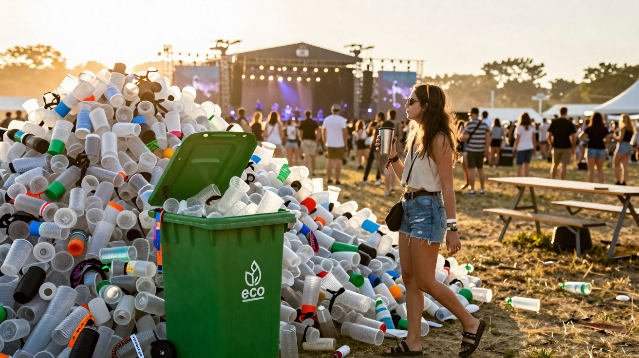 Woman holding a cup stands near a green recycling bin overflowing with plastic cups at an outdoor music festival.