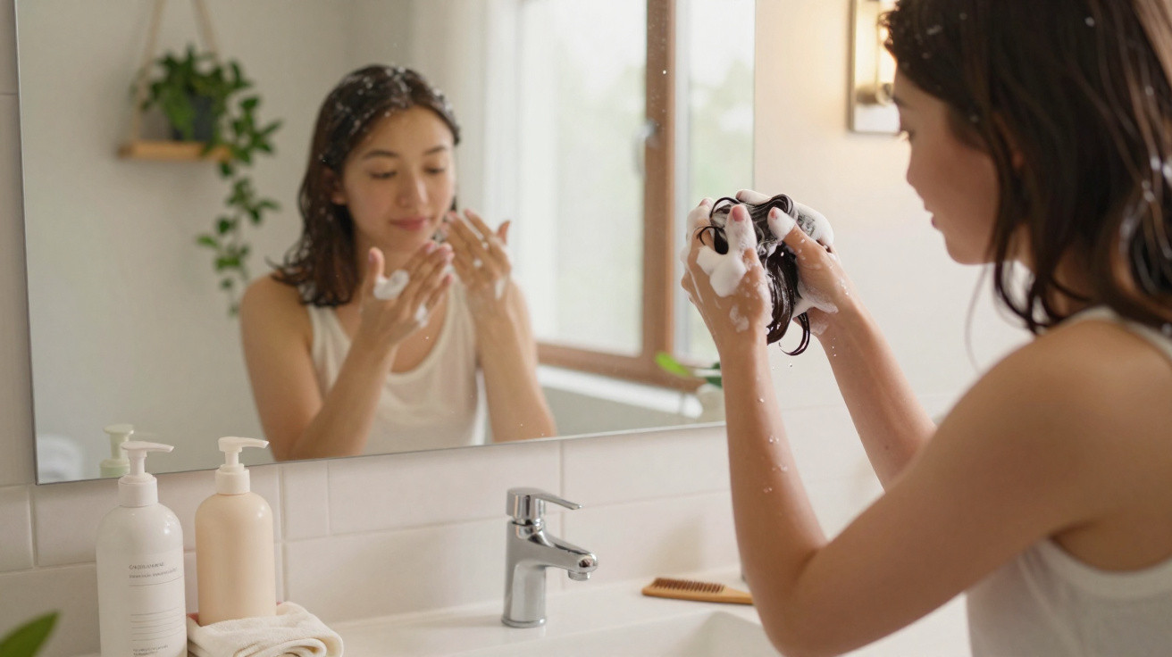 Woman washing hair with shampoo in bathroom while looking in the mirror with toiletry bottles on the sink