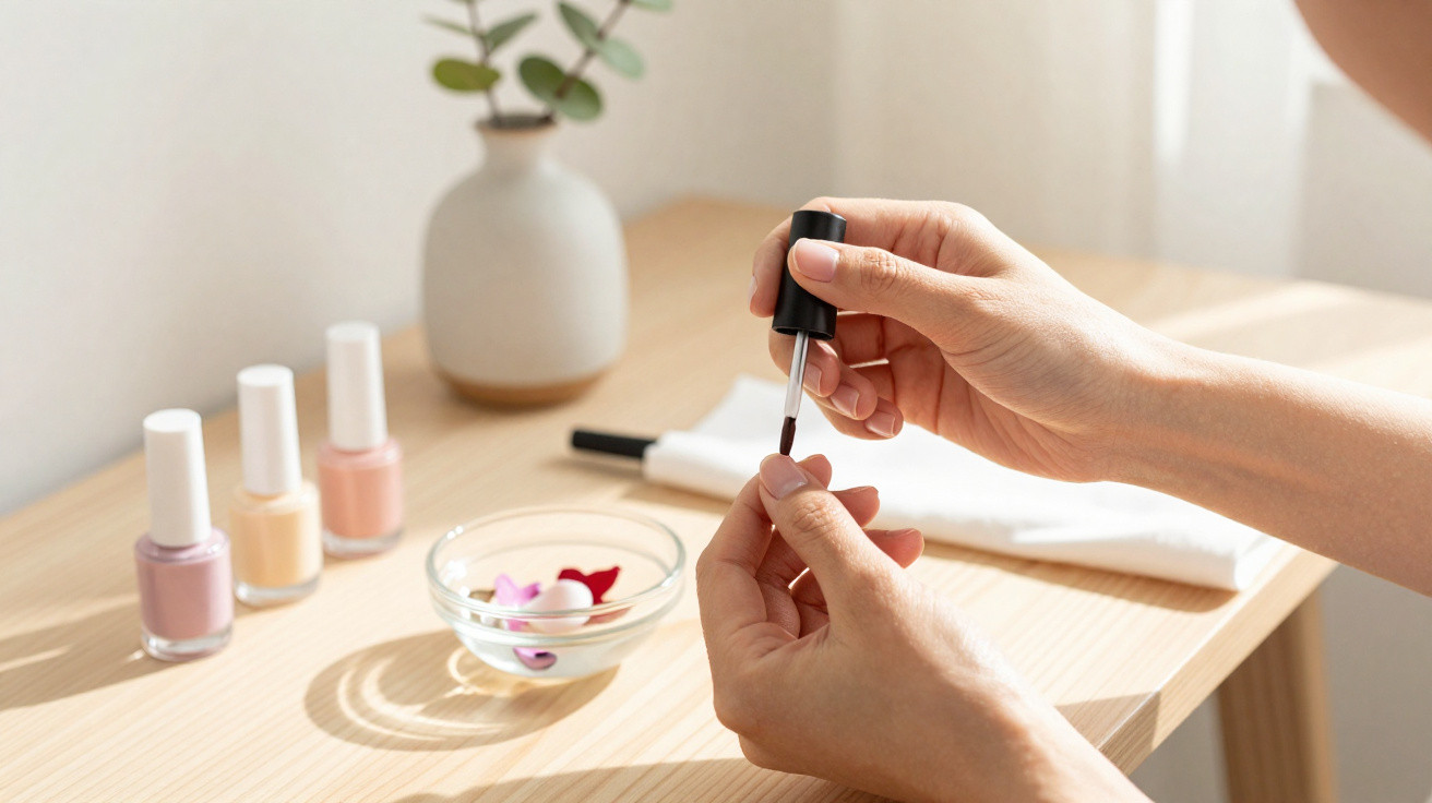 Person applying clear nail polish to fingernails at a wooden table with pastel nail polish bottles and flower petals.