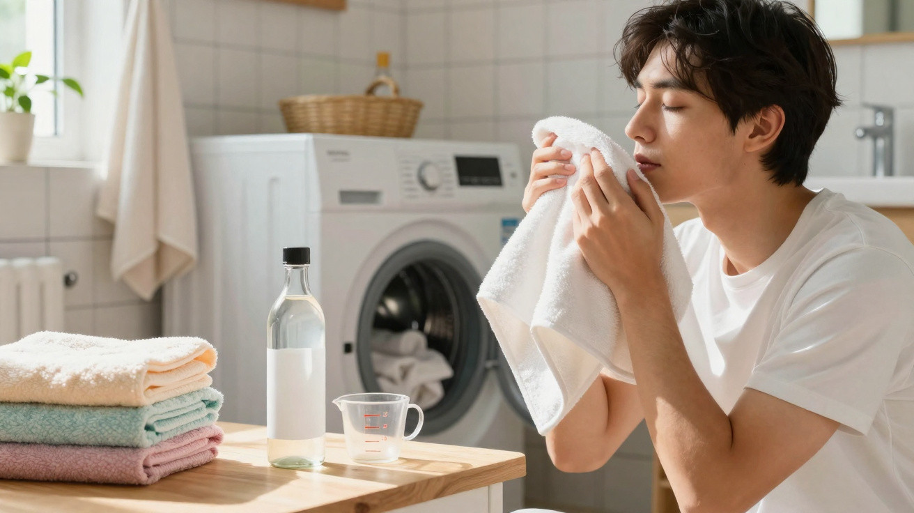 Young man smelling a clean white towel in a bright laundry room with washing machine and folded towels nearby