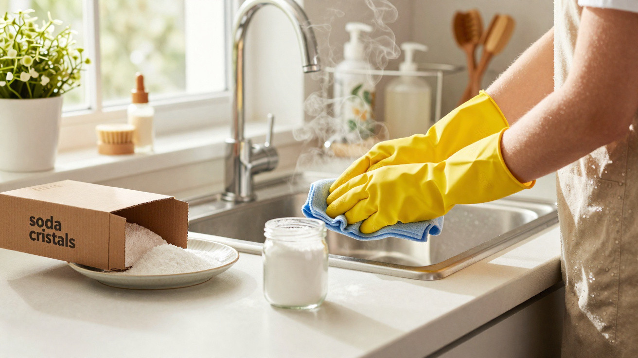 Person wearing yellow gloves cleaning a kitchen sink with a blue cloth and soda crystals nearby.