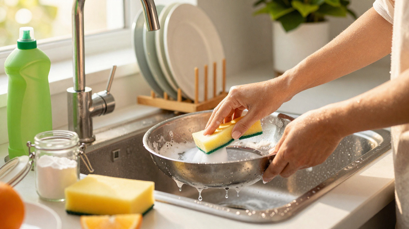 Person washing a stainless steel pan with a sponge over a kitchen sink with dishes drying rack nearby.