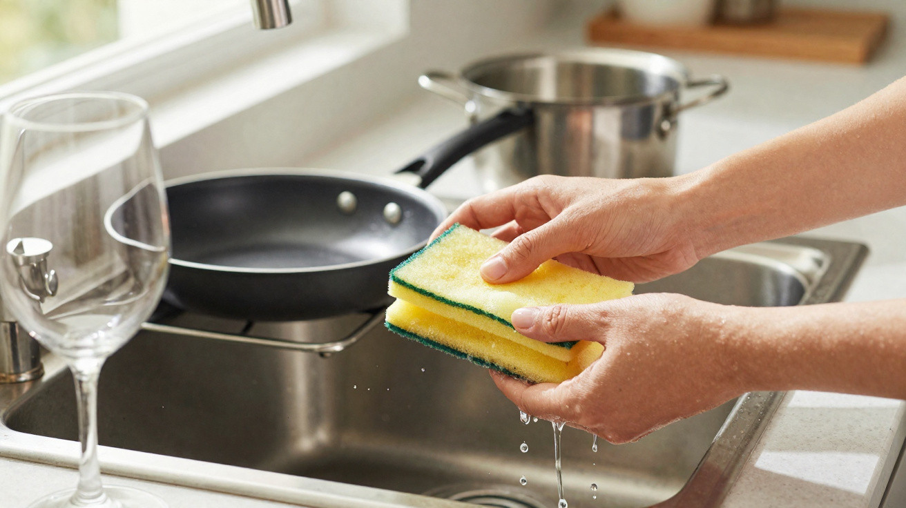Hands holding a yellow and green sponge with water dripping over a kitchen sink and cookware in the background.