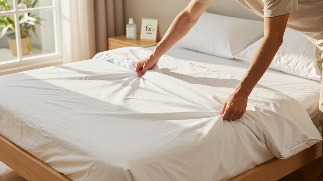 Person straightening white bedsheets on a wooden bed in a sunlit bedroom with a window and bedside table.